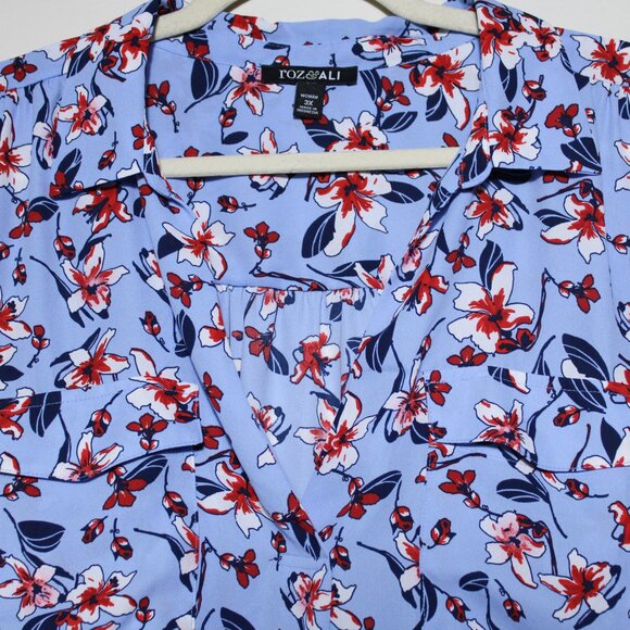 Roz & Ali Americana Popover Floral Blouse Red Blue Bloomcore Flowy Top Size 3X - Picture 3 of 5